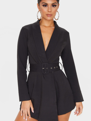 Black Long Sleeve Tailored Belted Romper