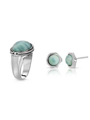 Larimar Oval Ring + Abstract Larimar Earrings