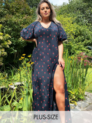 Never Fully Dressed Plus Valentina Puff Sleeve Maxi Dress With High Thigh Split In Black Floral Print