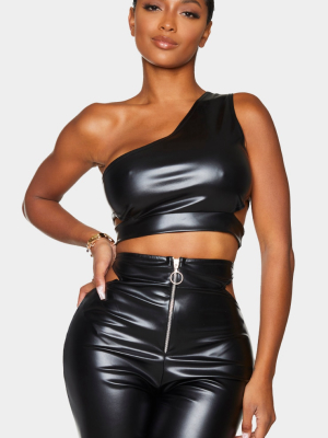 Shape Black Pu One Shoulder Cut Out Crop Top