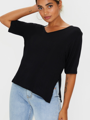 Petite Black V Neck Side Split T-shirt