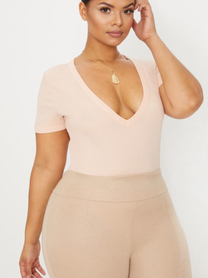 Plus Nude Ribbed Plunge Short Sleeve Bodysuit