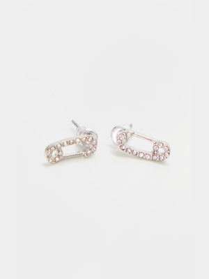 Silver Diamante Mini Safety Pin Earrings