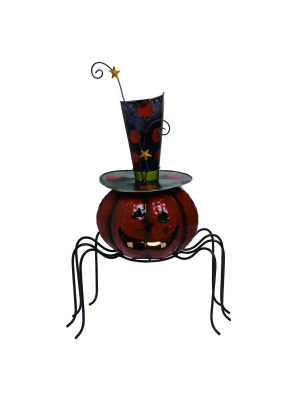 Transpac Metal 19 In. Orange Halloween Spider Pumpkin Candle Holder