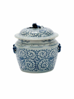 Lidded Rice Jar Floral Motif, Blue And White