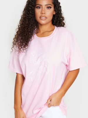 Pink Printed Abstract Face Oversized T Shirt