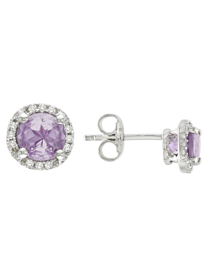 Amethyst And Diamond Earrings In Sterling Silver - Purple