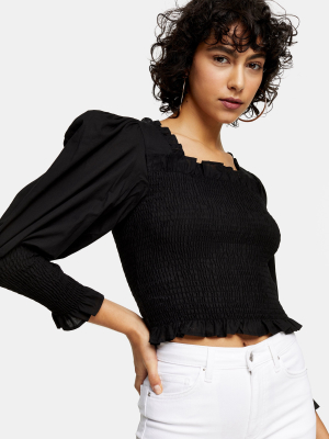 Black Shirred Long Sleeve Top