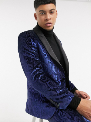 Twisted Tailor Suit Jacket With Sating Shawl Lapel In Metallic Blue Snakeprint