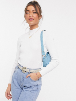 Asos Design Knitted Body In Long Sleeve With Drape Back In White