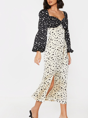 Black Mixed Dalmatian Twist Balloon Sleeve Midi...