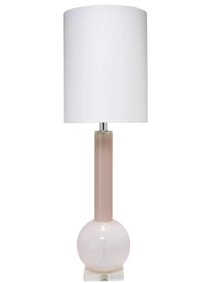 Studio Table Lamp In Petal Pink Glass With Tall Thin Drum Shade In White Linen