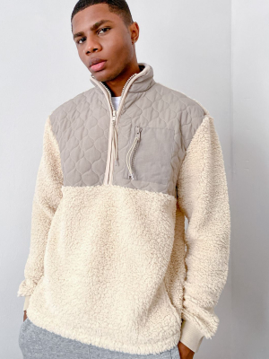 Asos Design Oversized Teddy Half Zip Sweatshirt With Onion Quilted Nylon Panels