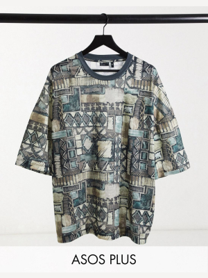 Asos Design Oversized Linen Look T-shirt In All Over Abstract Print