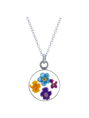 Women's Sterling Silver Pressed Flowers Small Round Pendant (18")