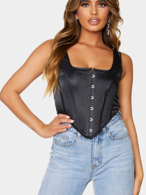 Black Satin Hook And Eye Curved Hem Corset