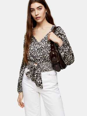 Animal Print Shirred Tie Front Blouse