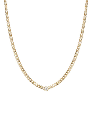 14k Gold Small Curb Chain Necklace With Single Floating Diamond