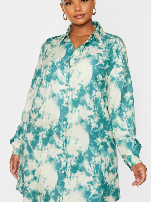 Plus Sage Green Tie Dye Oversized Shirt Dress