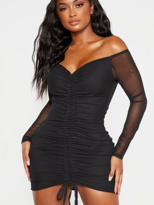 Shape Black Mesh Ruched Bardot Bodycon Dress