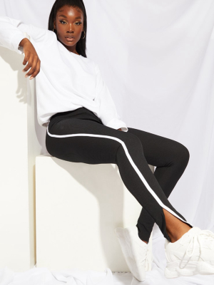 Tall Black Sports Stripe Ribbed Split Hem Leggings