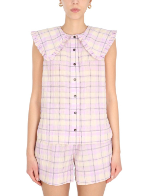 Ganni Seersucker Checked Print Sleeveless Shirt