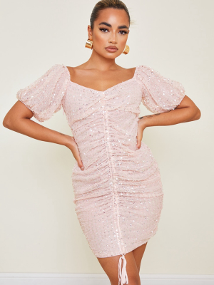 Petite Dusky Pink Sequin Ruched Detail Bodycon...