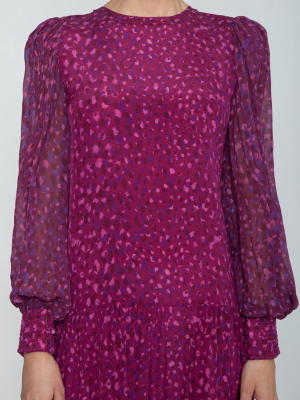 Silk Crepe De Chine Voluminous Sleeves Long Dress - Pomegranate Pink Print