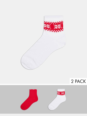 Asos Design Christmas 2 Pack Fair Isle And Frill Ankle Socks