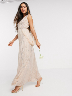 Amelia Rose Bridesmaid Embellished Wrap Cape Sleeve Maxi Dress In Rose Gold