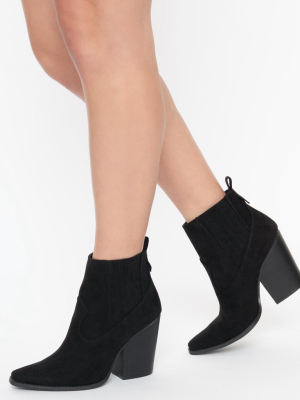 Western Style Black Pointed Toe Suede Bootie