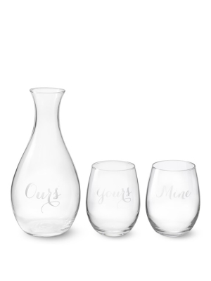 Yours, Mine, Ours Stemless Wine Glasses & Decanter Set