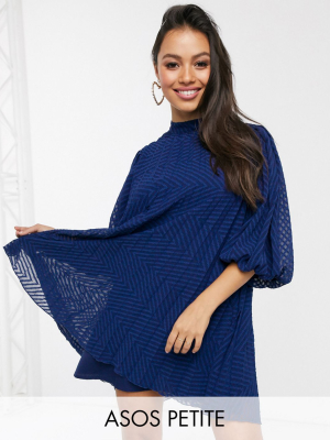 Asos Design Petite Pleated Trapeze Mini Dress With Puff Sleeves In Dobby In Navy