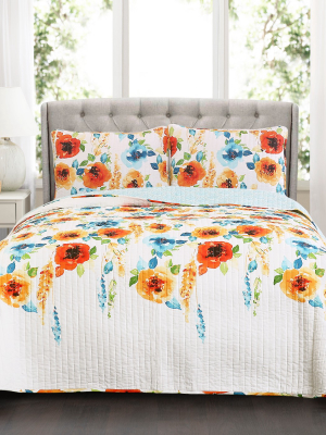 Tangerine & Blue Percy Bloom Quilt Set - Lush Décor