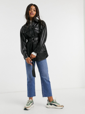Pull&bear Faux Leather Belted Shirt Jacket In Black