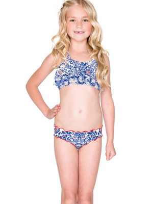 Ruffle Layered Bikini Set ( Kids) - Blue Paisley Print