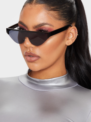 Black Flat Top Brow Bar Slim Visor Sunglasses