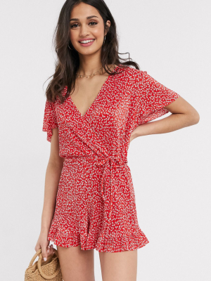 Pull&bear Wrap Front Romper In Red Floral Print