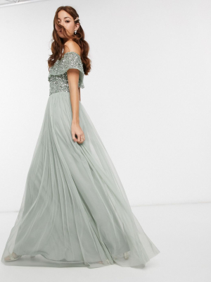 Maya Bridesmaid Bardot Maxi Tulle Dress With Tonal Delicate Sequins In Sage Green