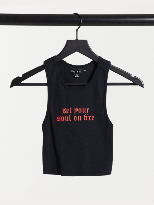 Motel Ribbed Crop Tank With Red Gothic Text