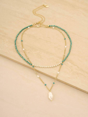 Single Strand Turquoise And Pearl Pendant 18k Gold Plated Necklace Set