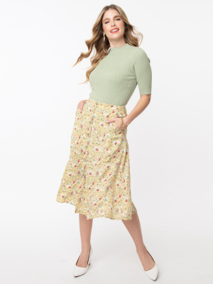 Retro Style Light Yellow & Multicolor Floral Button Up Midi Skirt