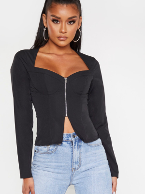 Black Woven Long Sleeve Zip Front Corset Top