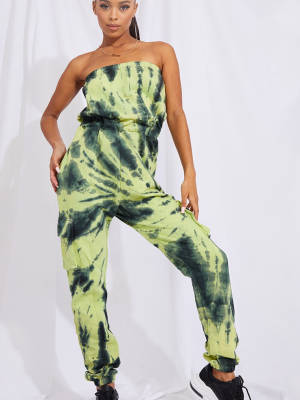 Green Tie Dye Bandeau Pocket Detail Sweat Jumpsuit