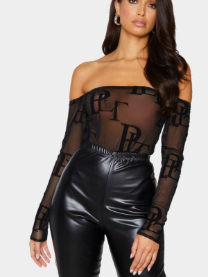 Prettylittlething Black Mesh Monogram Bardot...