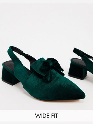 Asos Design Wide Fit Salsa Slingback Mid-heels With Bow In Forest Green Velvet