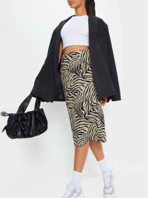Zebra Print Split Back Satin Midi Skirt