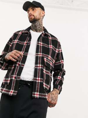 Asos Design Wool Harrington Jacket In Red And Black Check