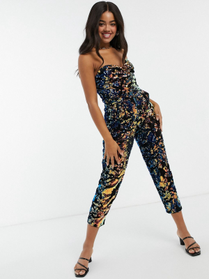 Little Mistress Strapless Velvet Sequin Jumpsuit In Multi