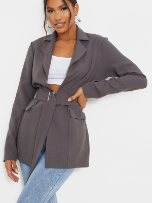 Dark Grey Longline Buckle Belted Blazer